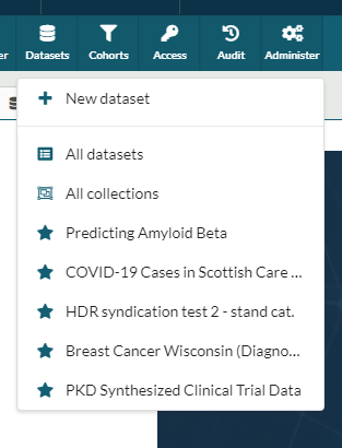 submenu of options for Dataset management