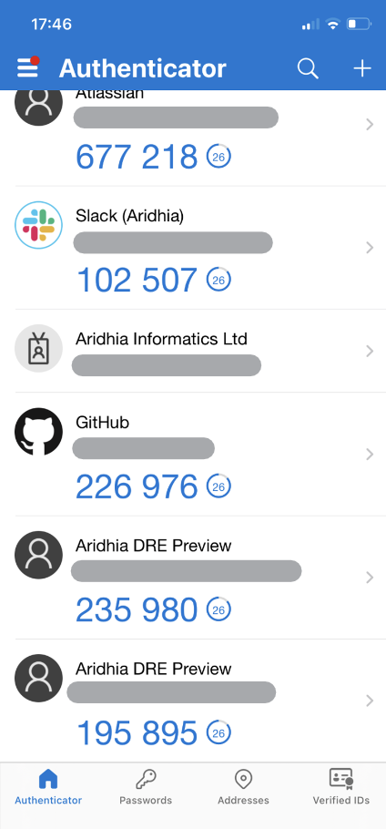 authenticator app shows aridhia account added
